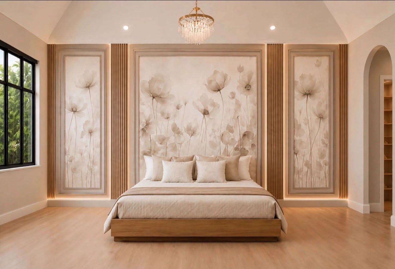 Framed floral wallpaper panels between vertical wood slats, with indirect LED lighting outlining each panel.