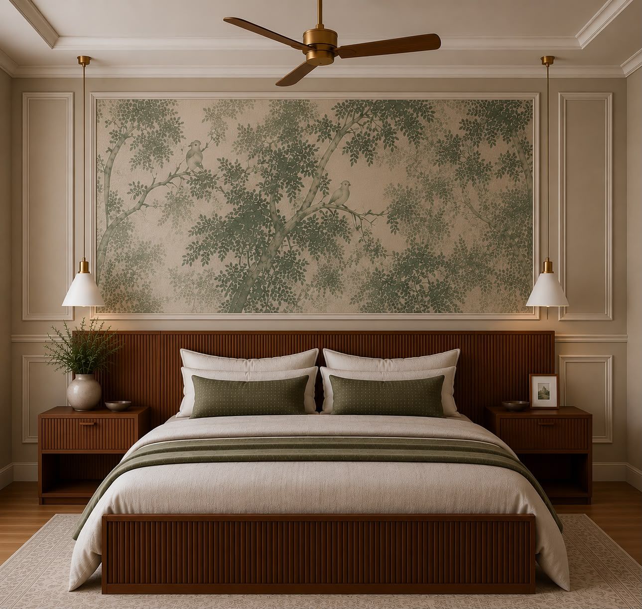Botanical mural framed with wall molding above a fluted headboard wall, with pendant lights on each side.