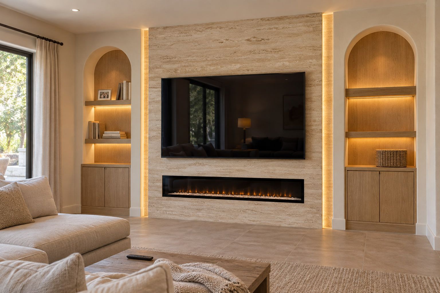 Travertine media wall with a mounted TV and a linear electric fireplace, backlit along both edges and flanked by arched oak niches with lit shelves.