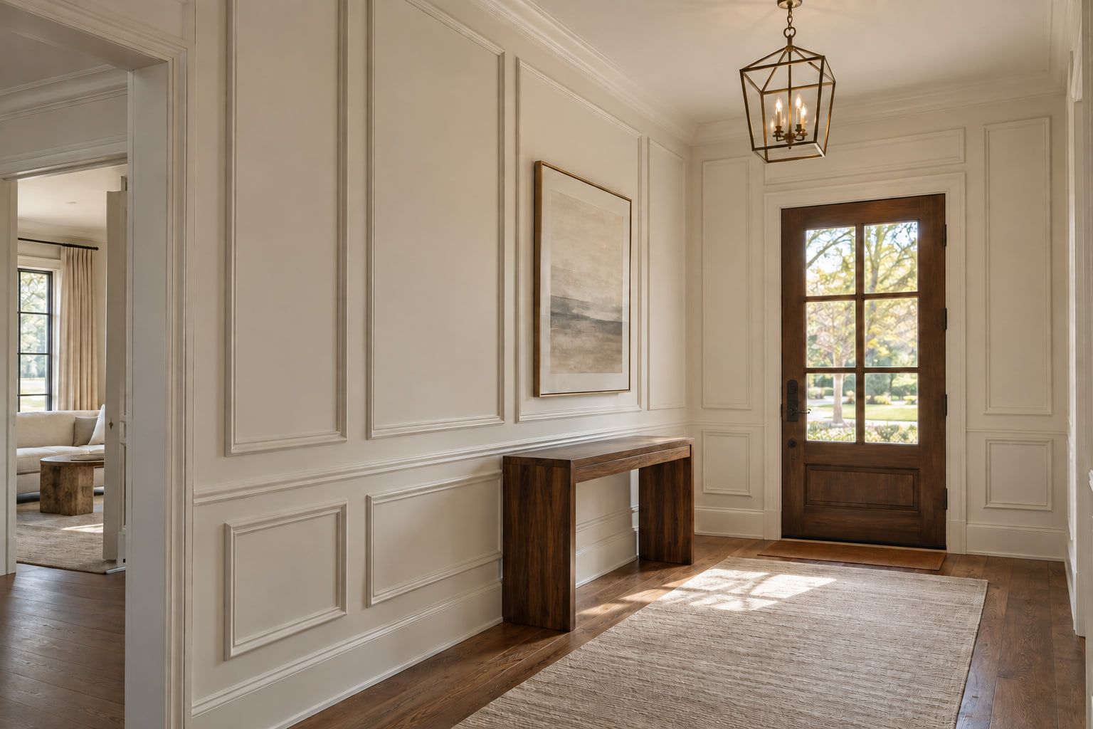 Full-height picture-frame molding with a chair rail and crown, wrapping the entry hall walls up to the front door.