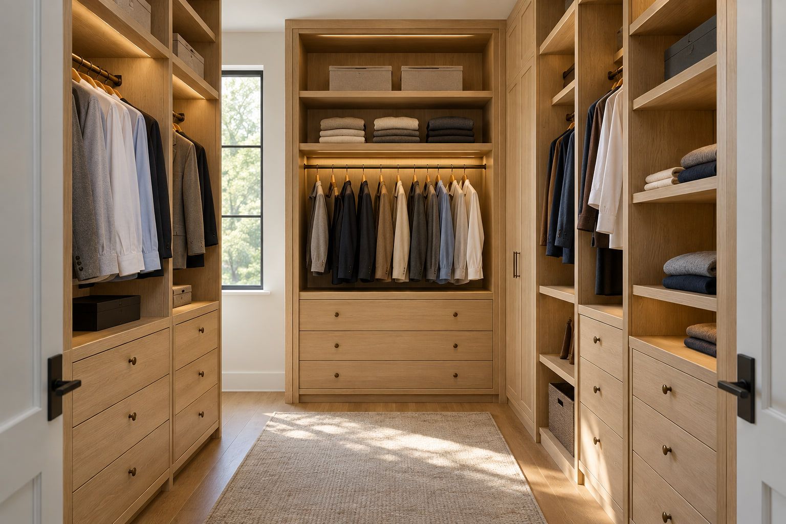 Walk-in closet in light oak with hanging sections, drawer banks, open shelving, and LED strips under the shelves.