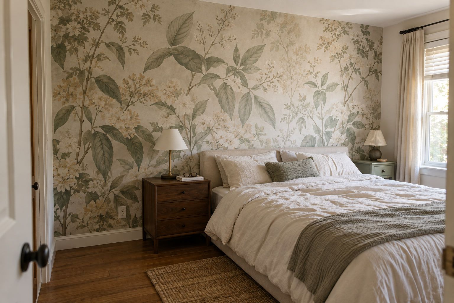 Botanical wallpaper in soft greens and creams across the full bed wall, trimmed at the baseboard and cut around the outlet.