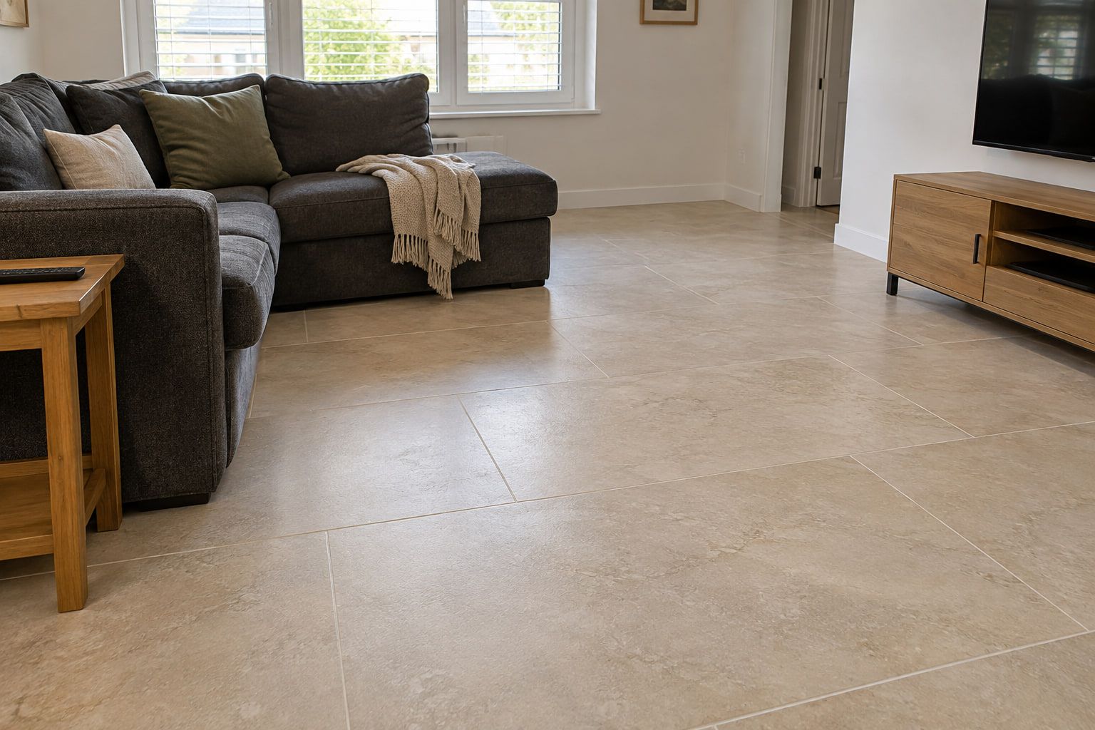 Large-format stone-look tile floor laid across the living room, with narrow grout joints and a clean line at the baseboard.
