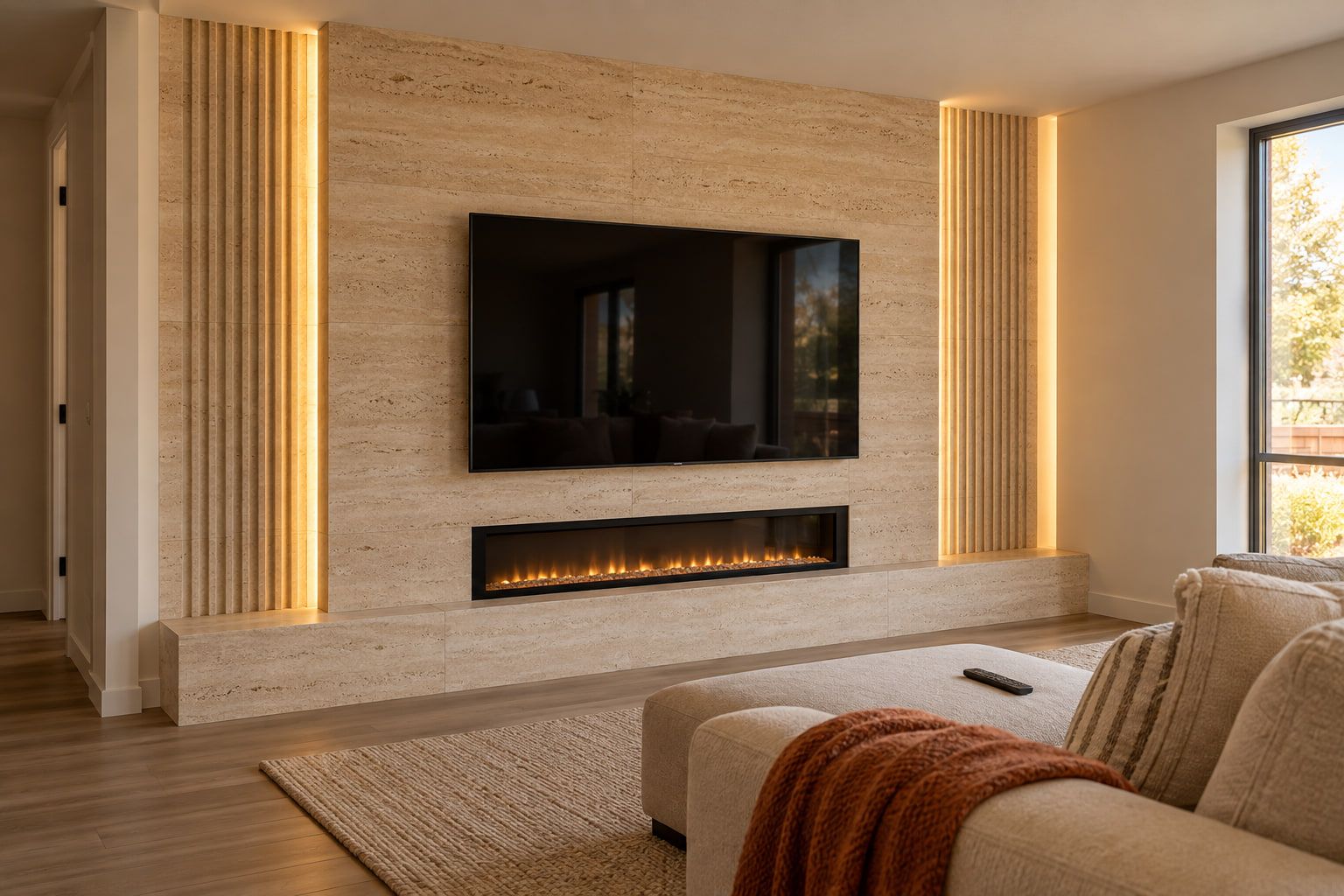 Floor-to-ceiling travertine media wall with a linear electric fireplace, a low hearth bench, and backlit fluted panels on both sides.