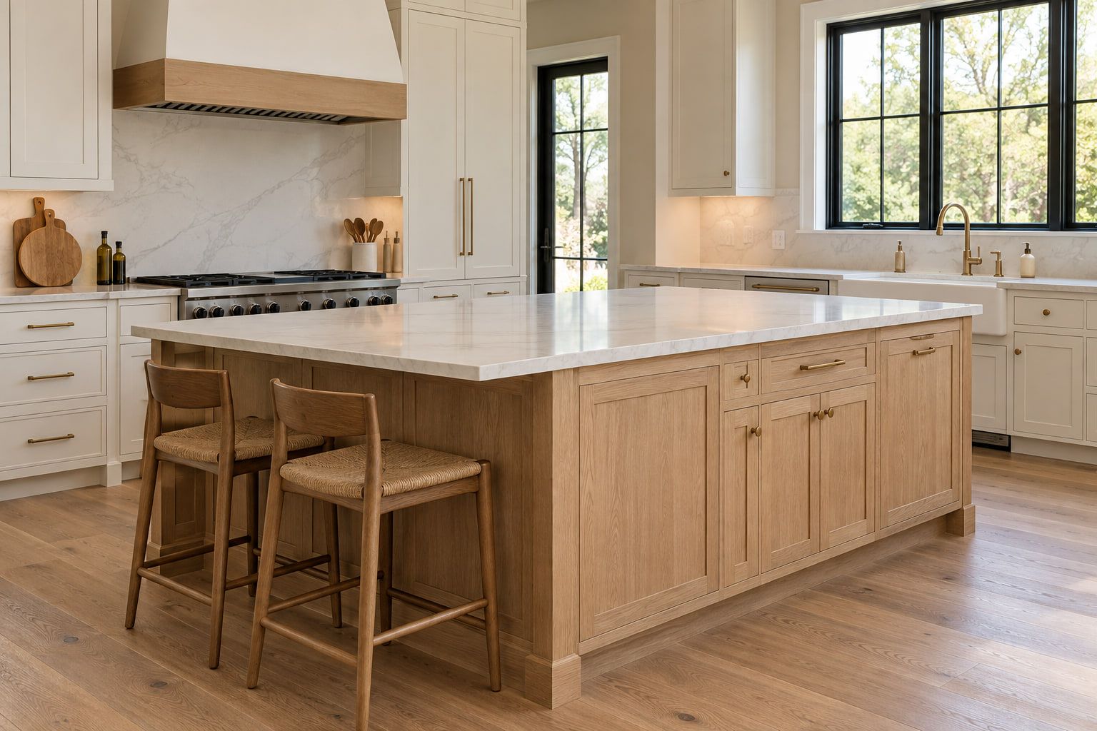 Kitchen island with oak shaker panels, drawer storage, and a quartz countertop, set against white perimeter cabinets and a matching hood.