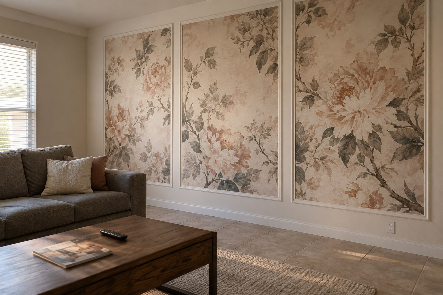 Three large floral wallpaper panels set inside painted molding frames on the living room wall.