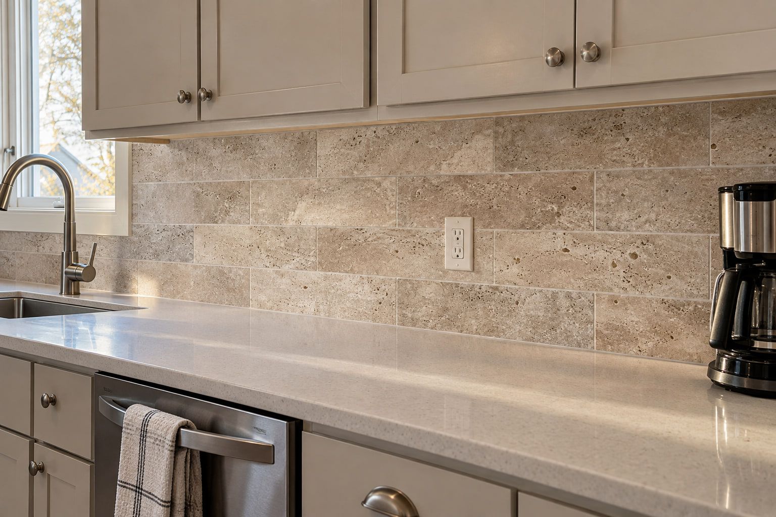 Stone-look backsplash tile in a staggered layout, cut around the outlet and finished tight to the countertop and cabinets.