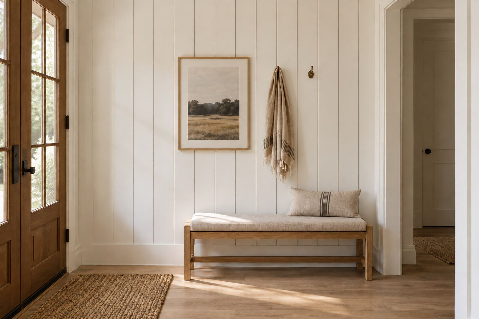 Vertical shiplap from baseboard to ceiling in the entry, painted a warm white, with wall hooks above the bench.