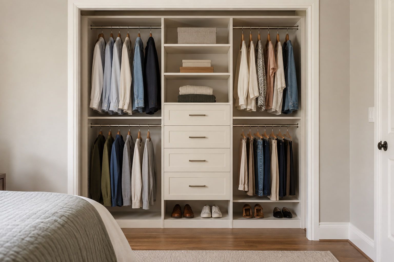 Reach-in bedroom closet fitted with double hanging rods, a center drawer tower, open shelves, and a shoe shelf along the bottom.