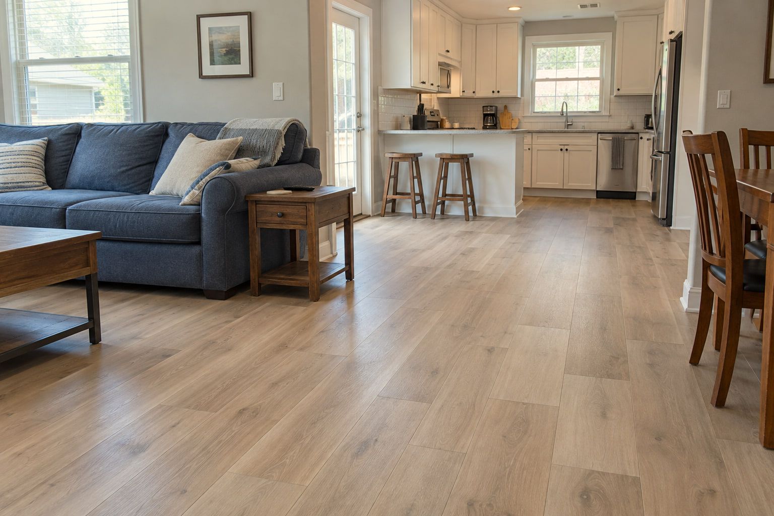 Luxury vinyl plank flooring in a light oak tone, run continuously from the living room into the kitchen and dining area.