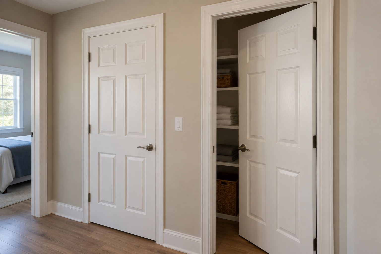 Six-panel doors, casings, and baseboards finished in white against hallway walls painted a warm greige.