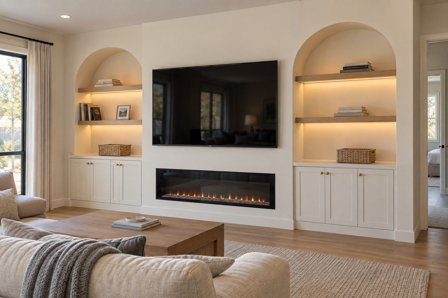 Built-in media wall with a mounted TV and a linear electric fireplace, flanked by arched niches with lit oak shelves and white cabinets.