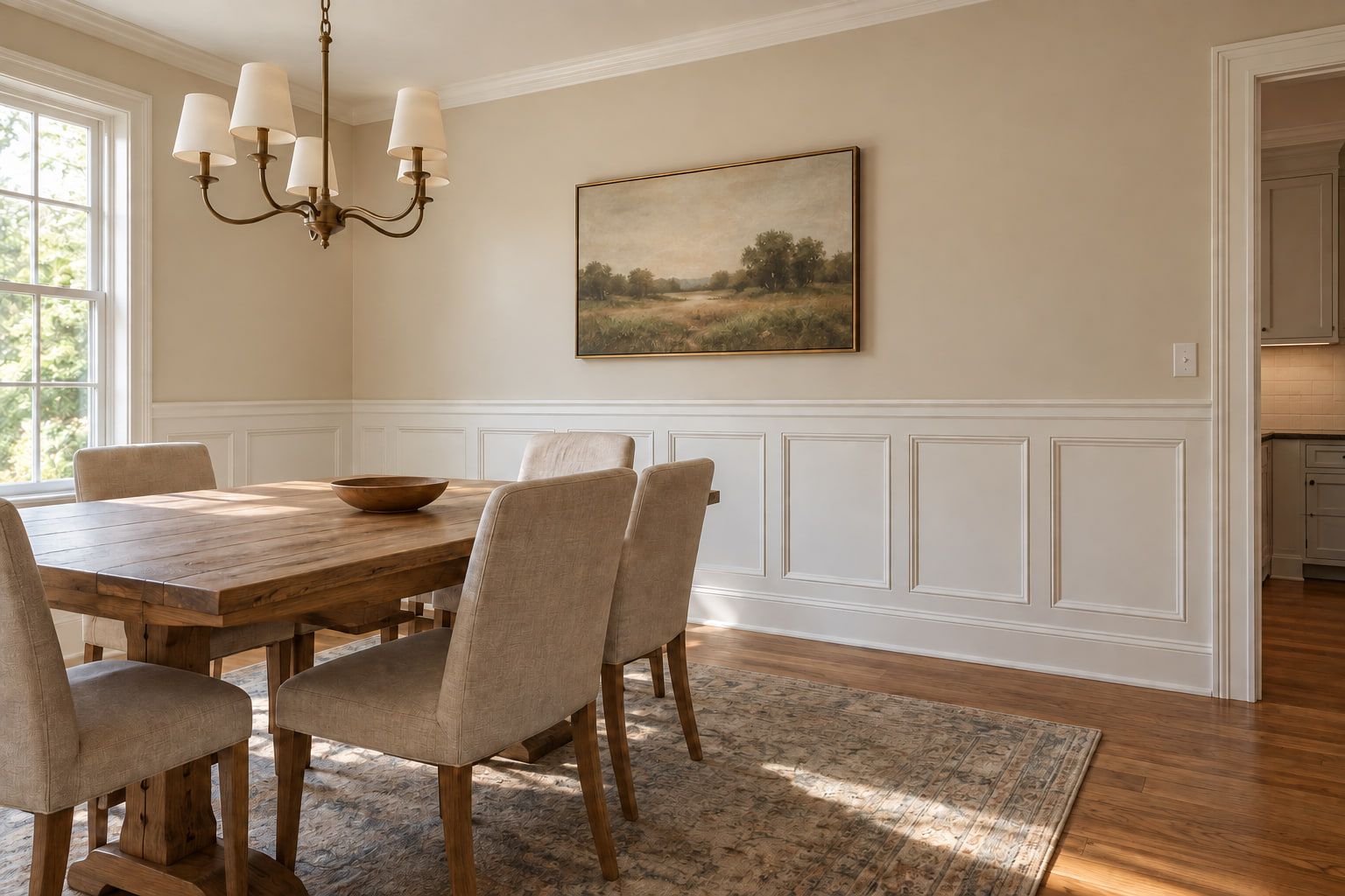 Picture-frame wainscoting with a chair rail around the dining room, finished in white below the painted walls.