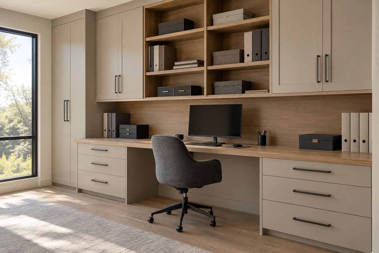 Wall-to-wall office built-in with a tall cabinet, upper cabinets, open oak shelving, and a desk run with drawers on both sides.