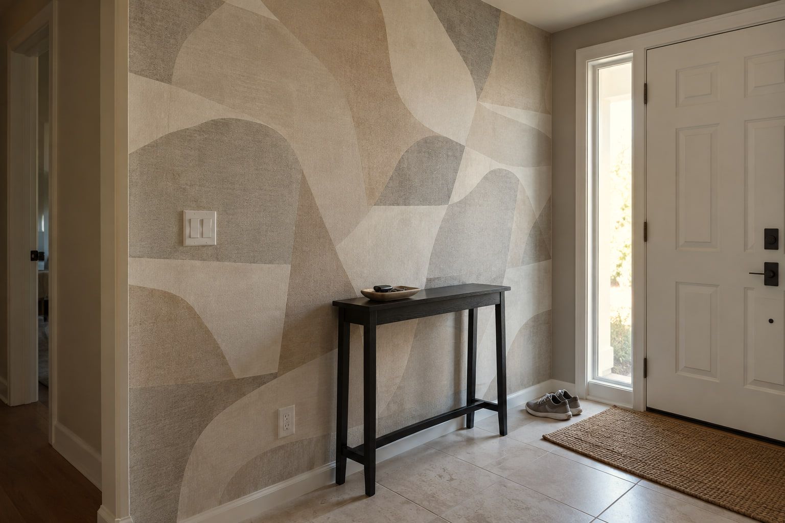 Large-scale abstract mural in warm neutrals installed on the entry wall, cut around the switch and outlet.