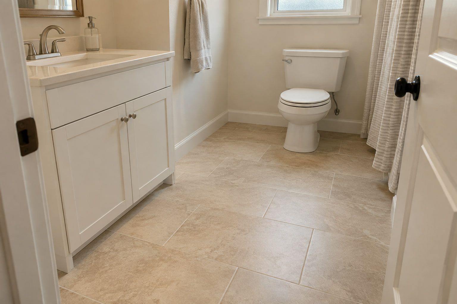 Stone-look floor tile laid in an offset pattern across the bathroom, cut around the vanity and toilet.