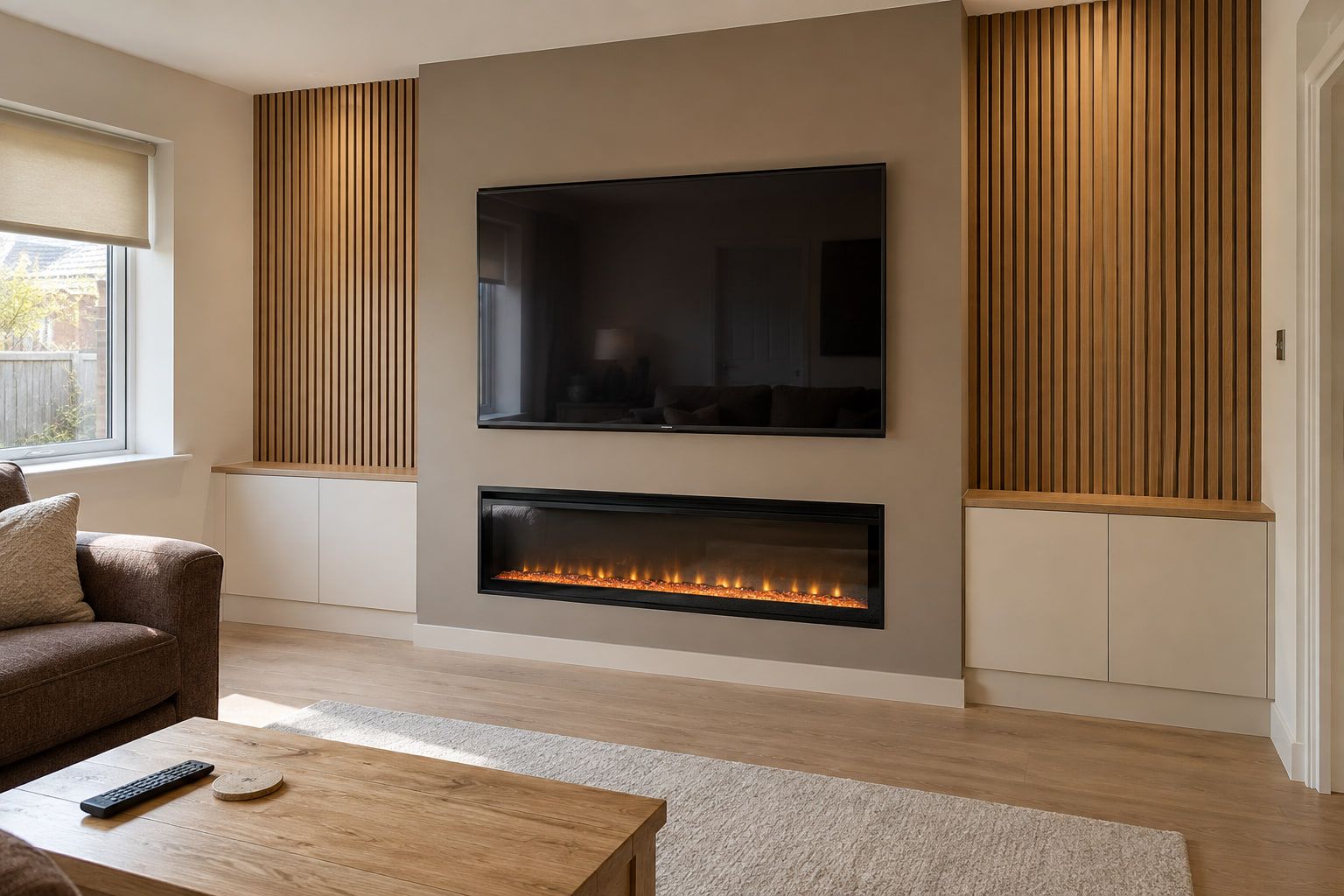 Media wall with a mounted TV and a linear electric fireplace on a painted center panel, with vertical oak slats and low cabinets on each side.