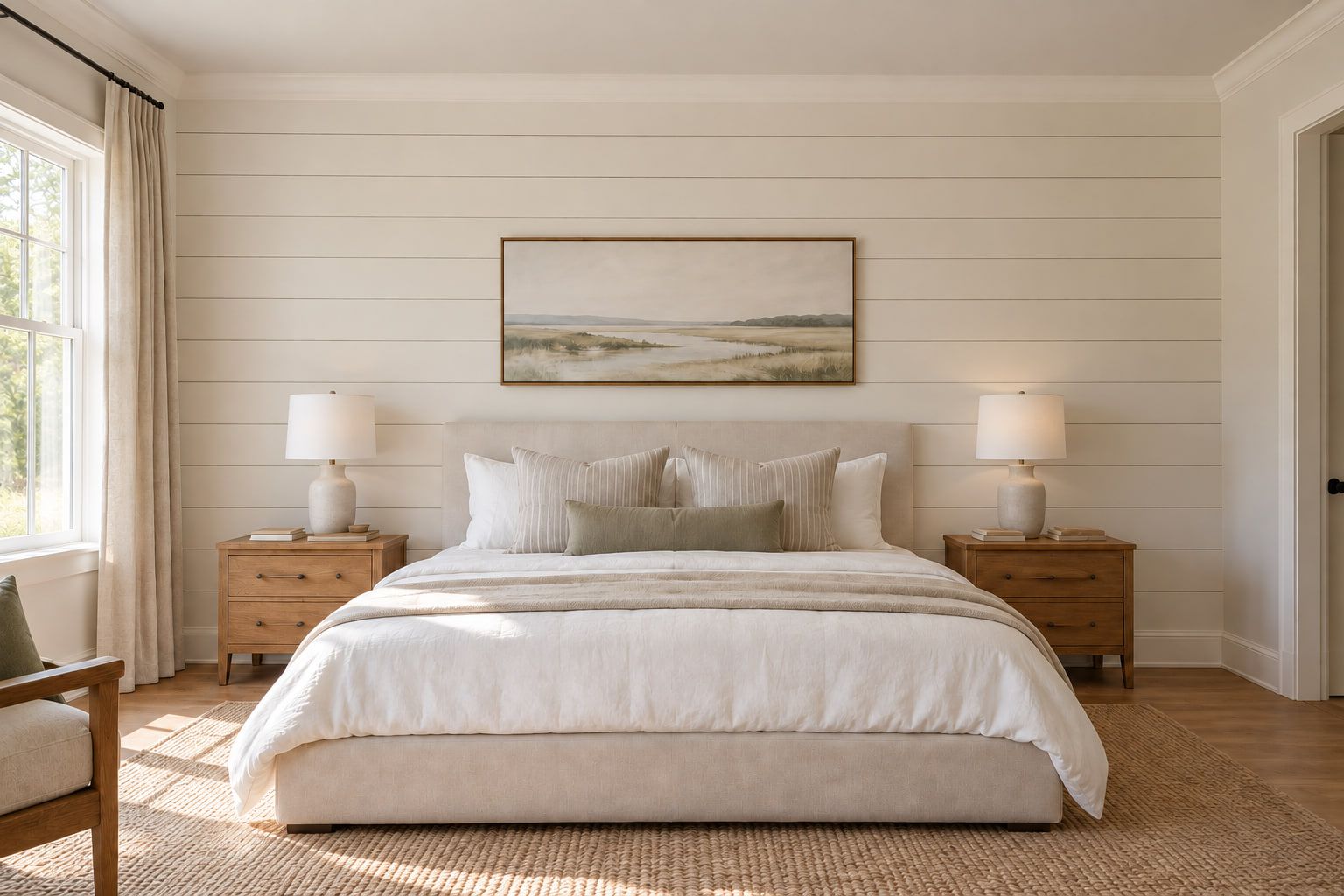 Horizontal shiplap across the bed wall, painted a warm white and finished with crown molding and baseboard.