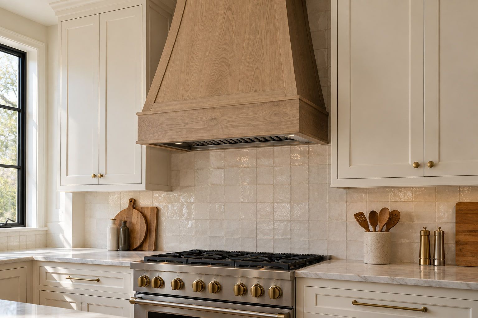 Tapered range hood wrapped in oak between white upper cabinets, above a glazed tile backsplash.