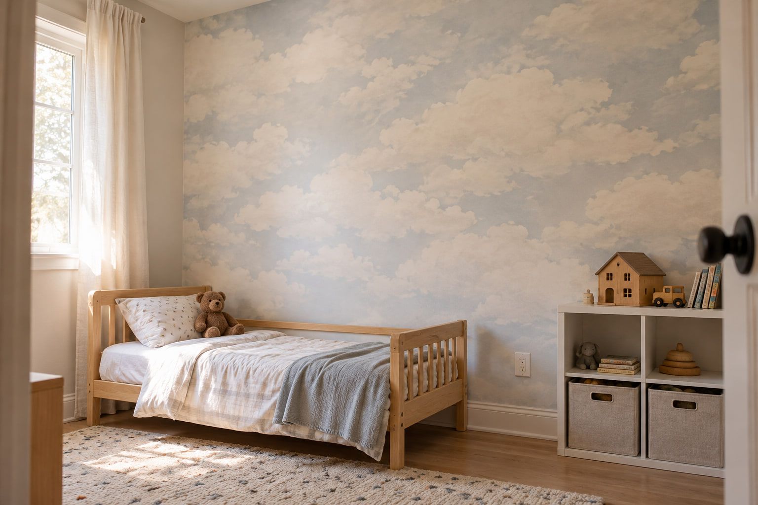 Soft cloud mural installed across the main wall of a child’s bedroom, trimmed at the baseboard and around the outlet.