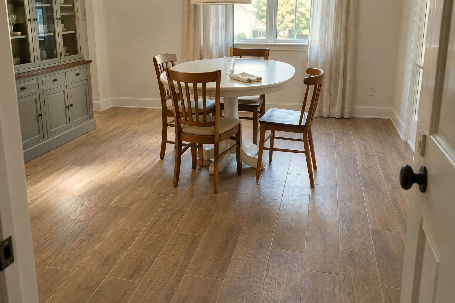 Wood-look plank flooring laid lengthwise through the dining area, with staggered end joints and a clean line at the baseboards.