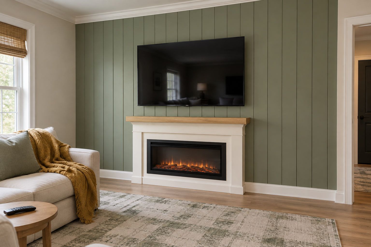 Vertical shiplap accent wall painted sage green, with a mounted TV above a white fireplace surround and oak mantel.
