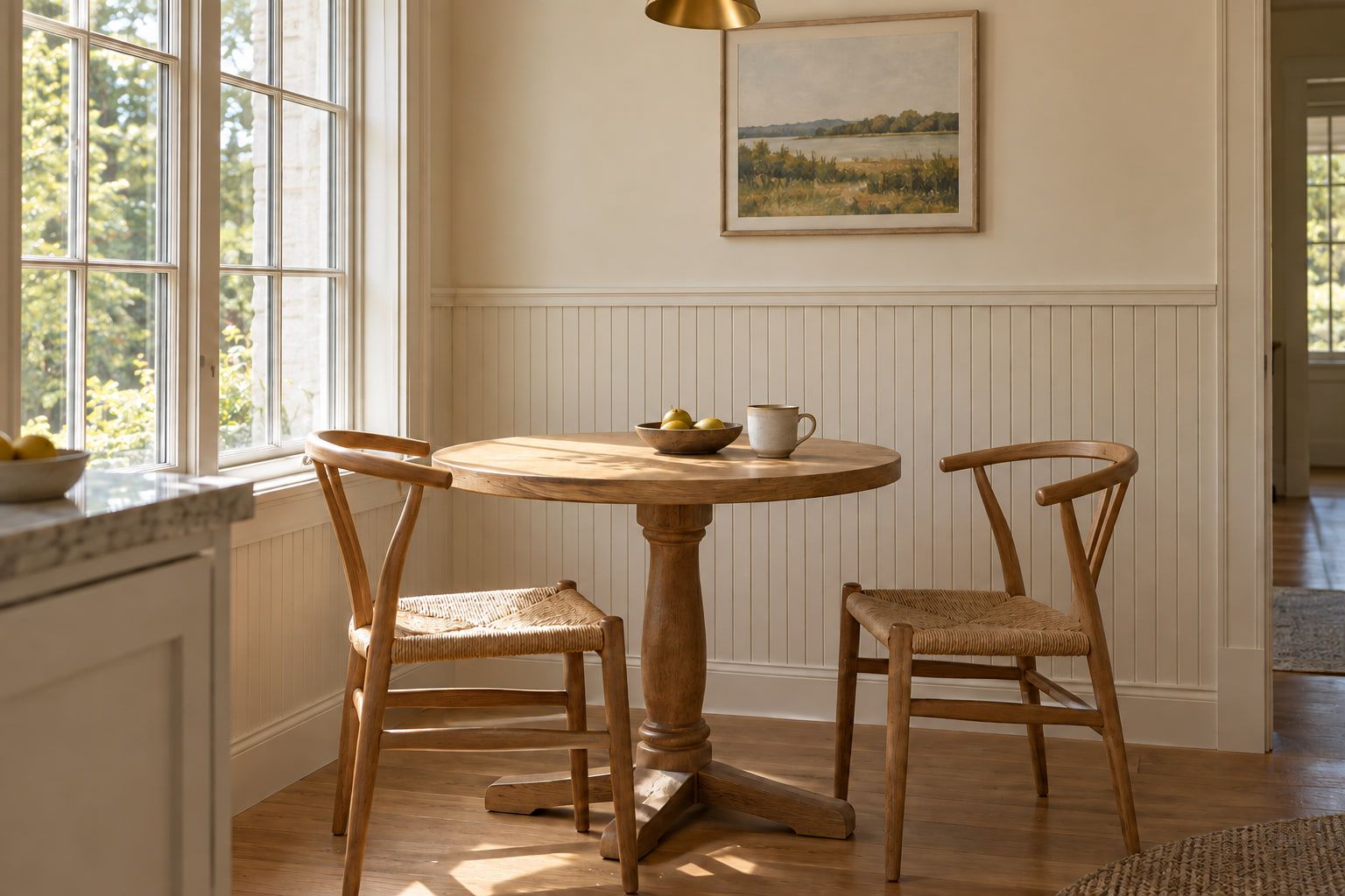 Beadboard wainscoting with a cap rail around the breakfast nook, painted to match the trim.