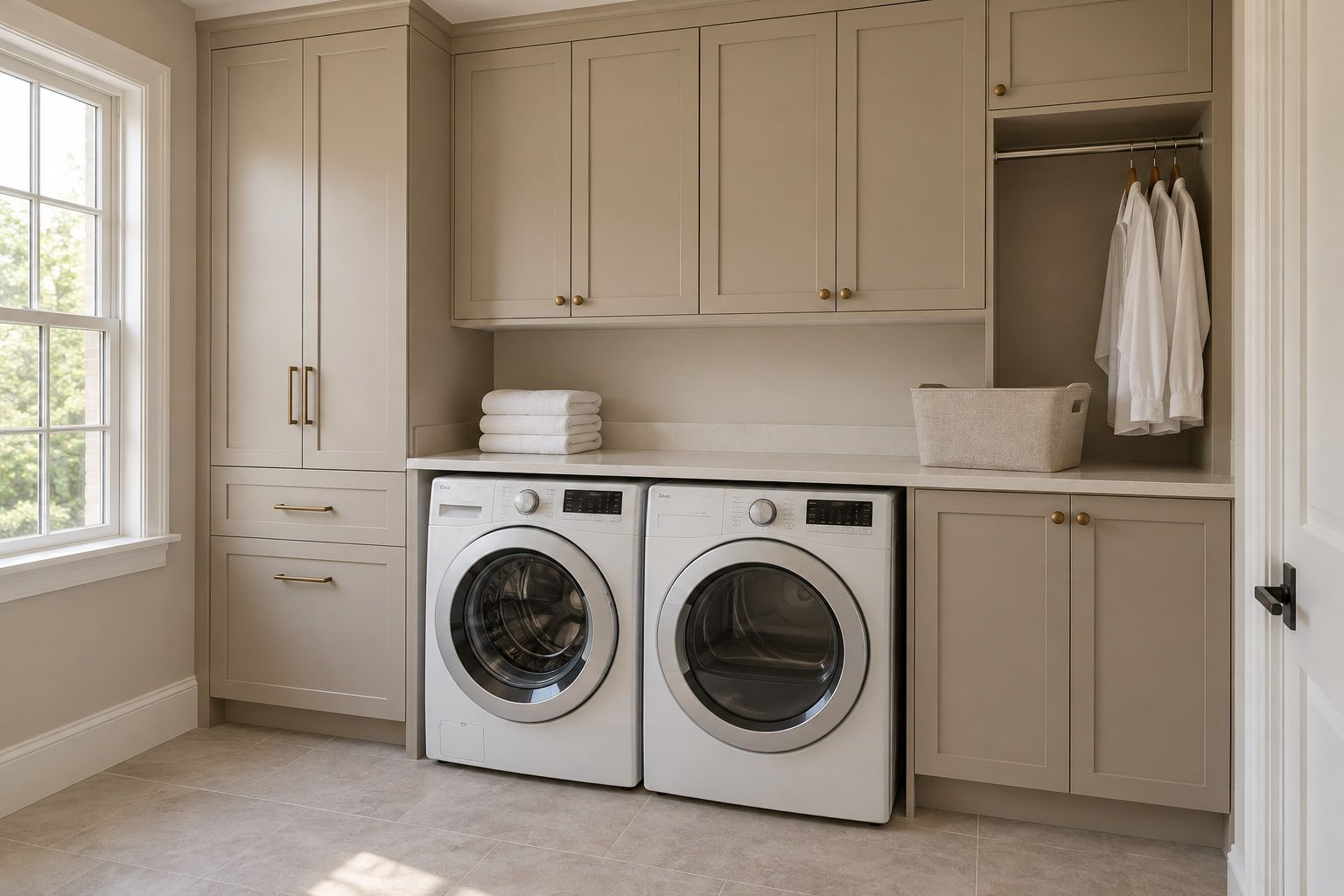 Laundry room cabinetry with a tall pantry cabinet, upper cabinets, a countertop over the washer and dryer, and a hanging rod.
