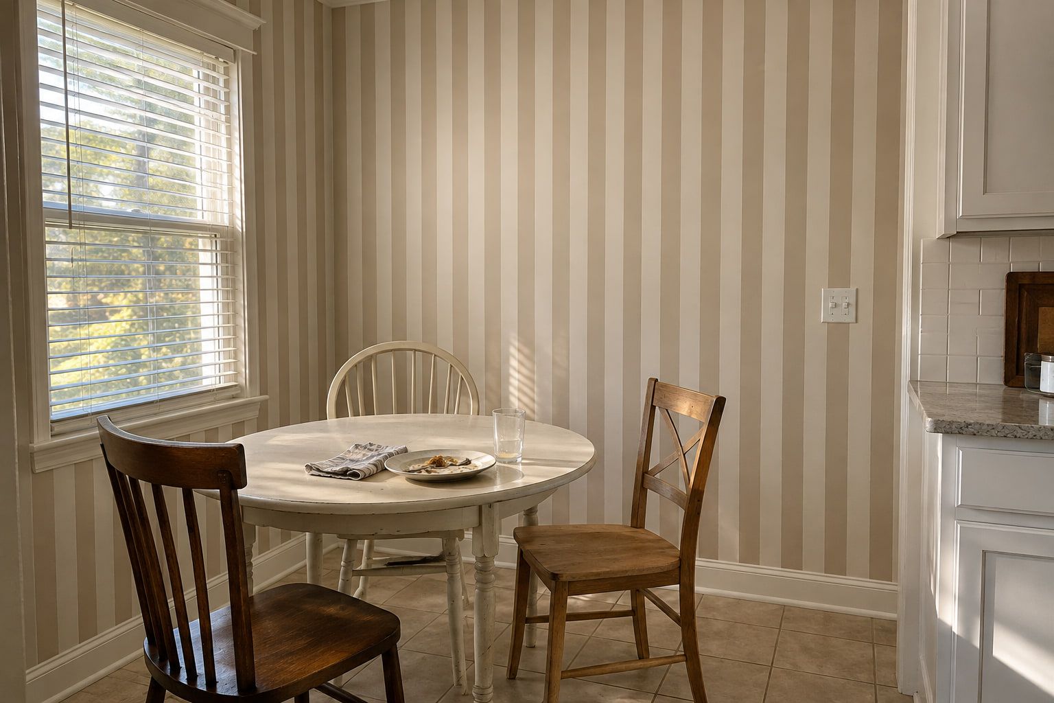 Wide-stripe wallpaper hung around the breakfast nook, with the stripes kept plumb at the window and corners.