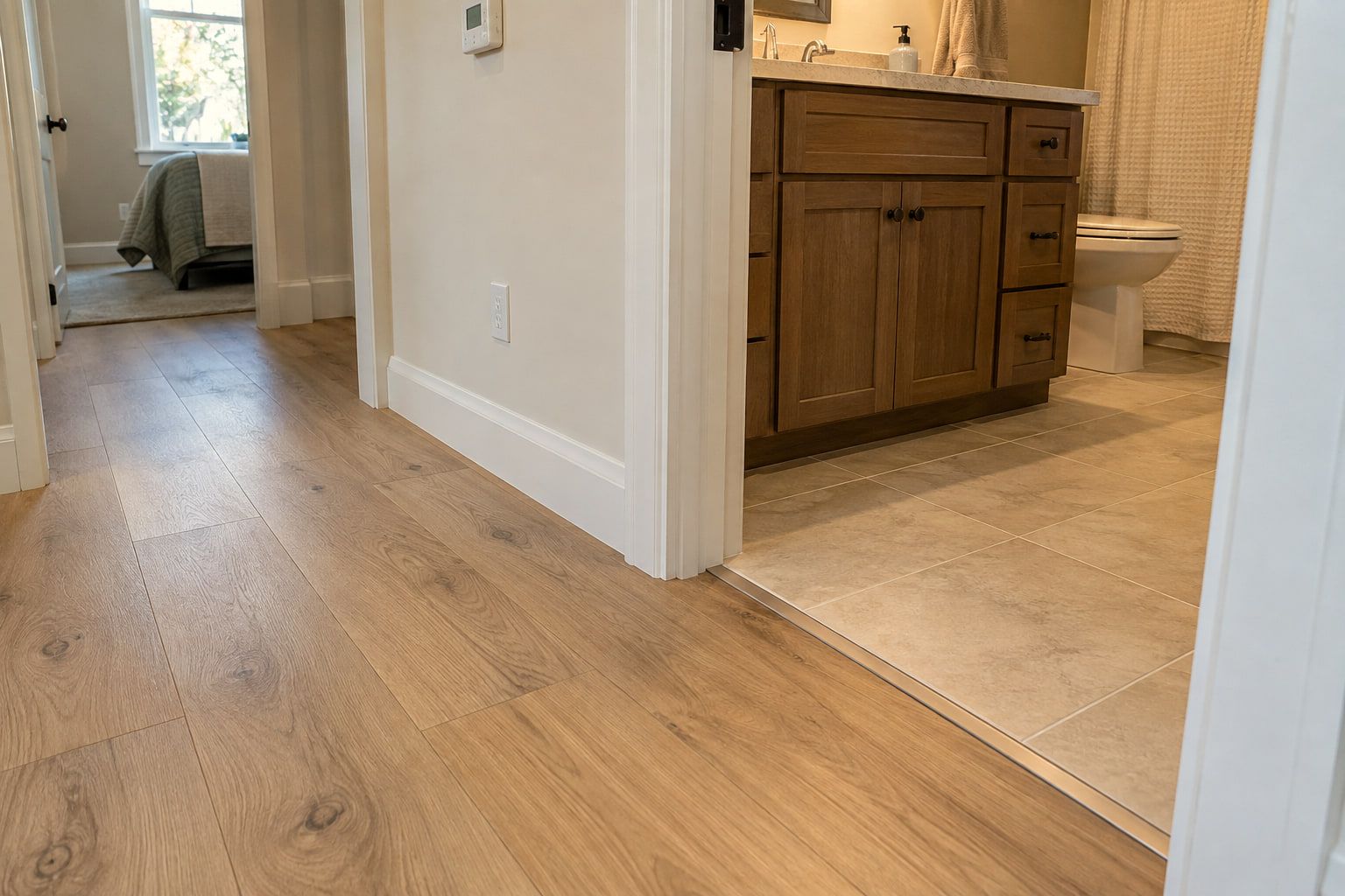 Vinyl plank hallway flooring meeting bathroom floor tile at the doorway, joined with a flush transition strip.