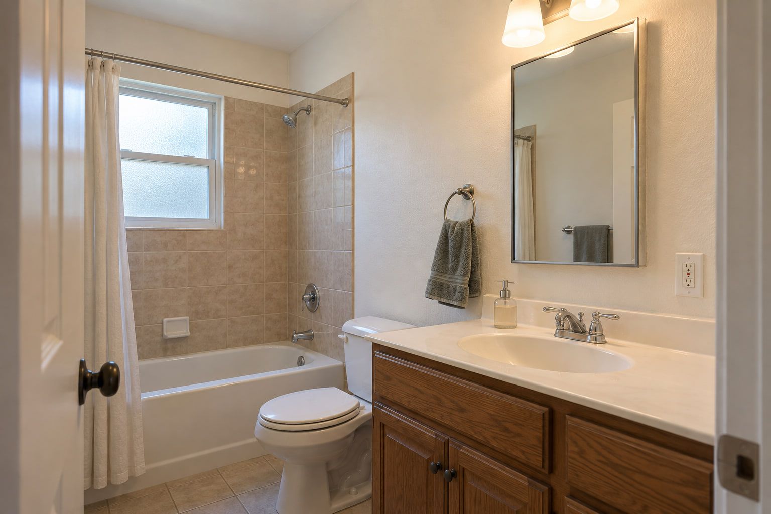 Bathroom walls and ceiling repainted in a warm cream, cut in around the tile surround, mirror, and vanity.