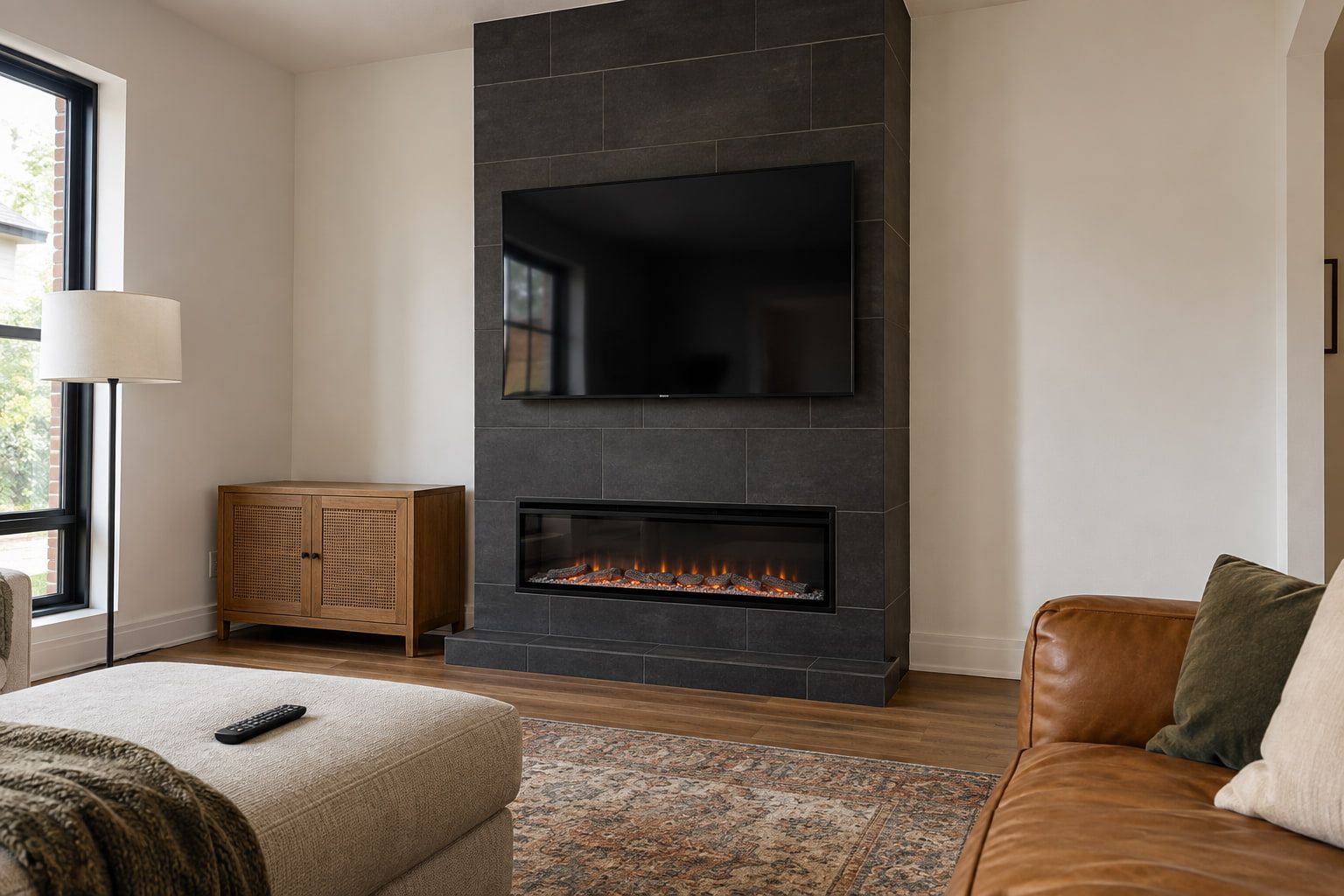 Floor-to-ceiling fireplace column in dark large-format tile, with a mounted TV above a linear electric fireplace.