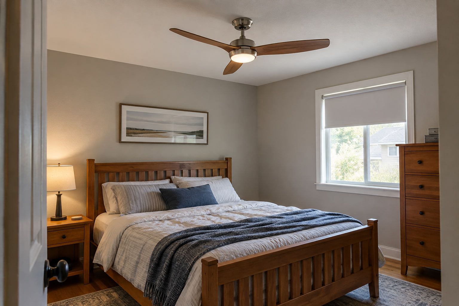 Three-blade ceiling fan with an integrated light installed in a bedroom, with the walls painted a soft gray.