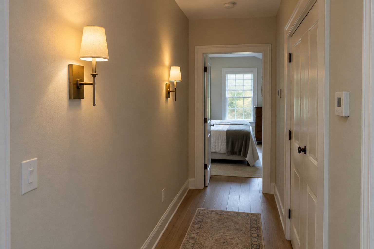 Pair of brass wall sconces installed along a hallway on a new rocker switch, with the walls painted a warm neutral.