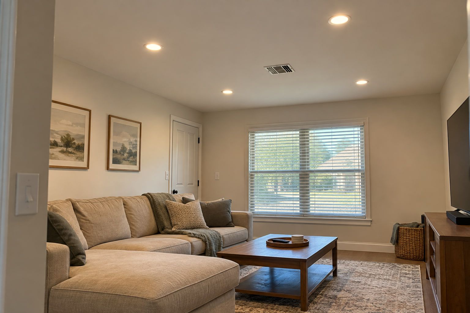 Four recessed lights added to the living room ceiling, with the ceiling patched and repainted afterward.