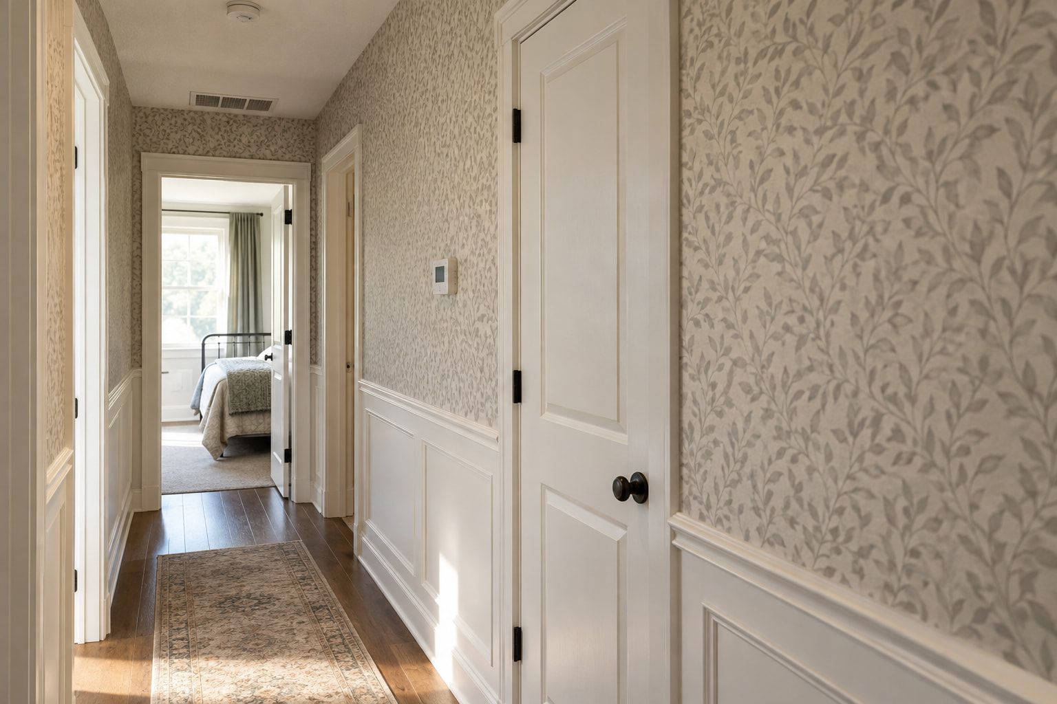 Leaf-pattern wallpaper above white wainscoting along a hallway