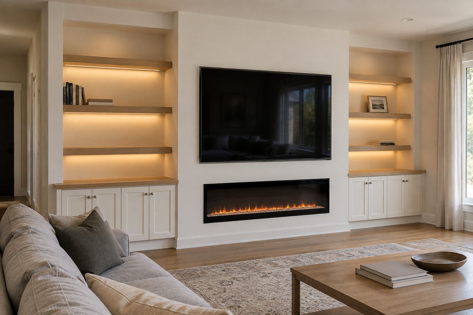 Media wall with a recessed linear fireplace, a mounted TV, and lit oak shelves over white cabinets