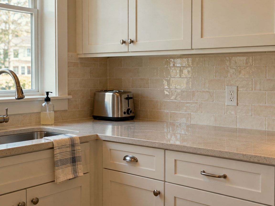 Cream glazed subway tile backsplash cut around an outlet below white cabinets