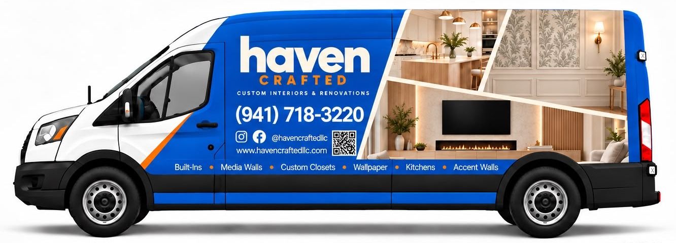 Haven Crafted’s branded van with the company logo, phone number, and interior photos