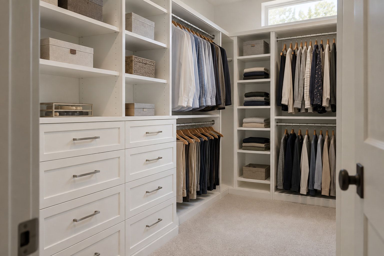 Walk-in closet with white shelving, a drawer bank, and double hanging rods